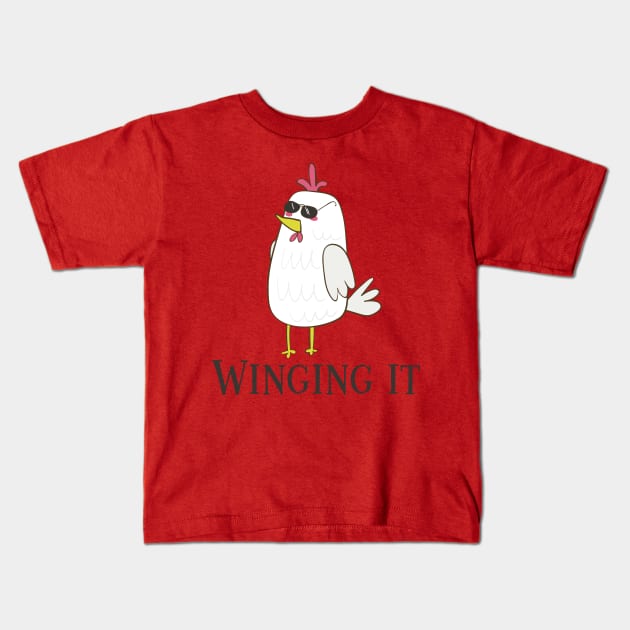 Winging It, Cool Funny Chicken Kids T-Shirt by Dreamy Panda Designs